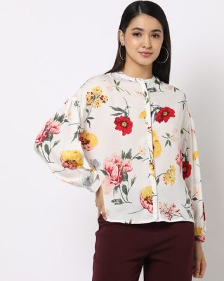 Floral Print Top with Band Collar