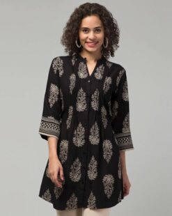 Black Floral Print Tunics with Tie-Up