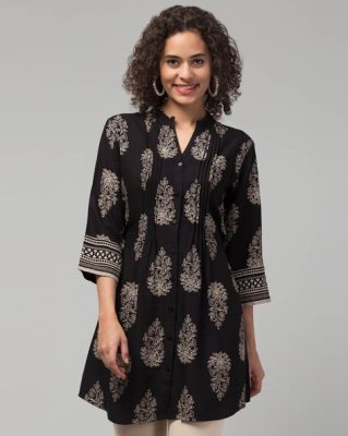 Black Floral Print Tunics with Tie-Up