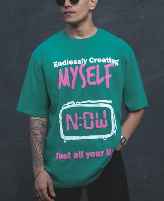 Green "Endlessly" Printed Oversized Half Sleeves T-Shirt