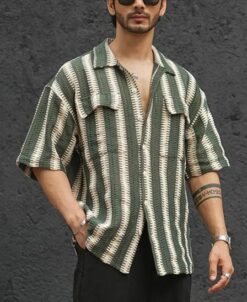 Green and Off-White Crochet Striped Oversized Half Sleeves Shirt