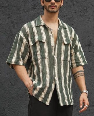 Green and Off-White Crochet Striped Oversized Half Sleeves Shirt