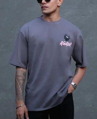 Grey Quirky Printed Oversized Half Sleeves T-Shirt