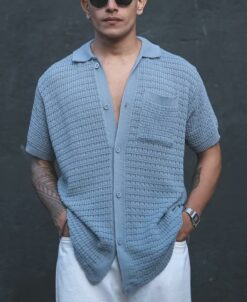 Grey Structured Flat Knit Half Sleeves Shirt