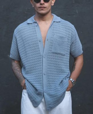 Grey Structured Flat Knit Half Sleeves Shirt