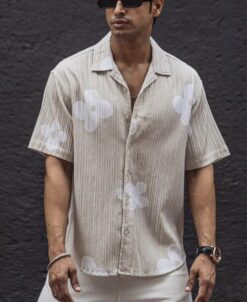 Light Cream Structured Printed Oversized Half Sleeves Shirt