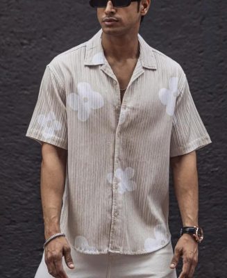 Light Cream Structured Printed Oversized Half Sleeves Shirt