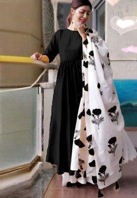 Luxurious Black Kurti with Floral White Palazzo and Dupatta