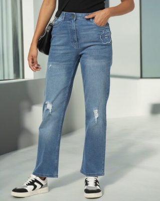 Lightly Washed Straight Fit Distressed Jeans