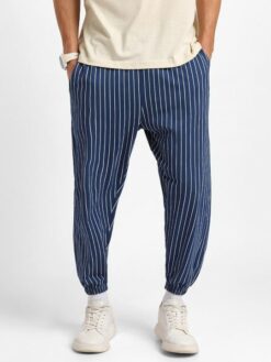 Men Striped Cotton Mid-Rise Joggers