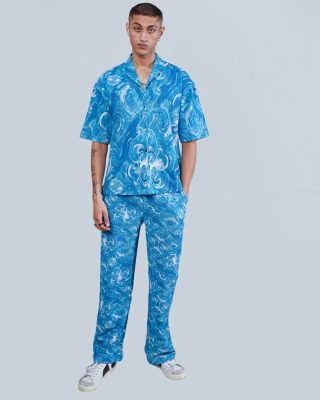 Blue and White All-Over Printed Oversized Co-ordinates