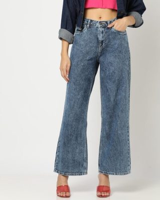 Mid Wash Mid Rise Wide Leg Jeans
