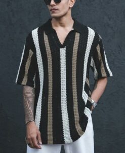 Multicolor Crochet Knit Striped Half Sleeves T-Shirt