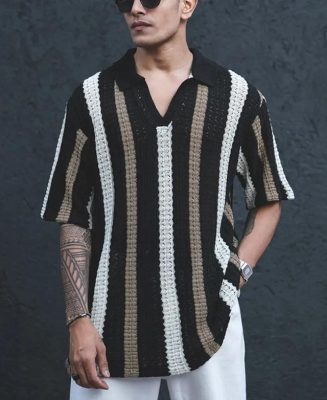 Multicolor Crochet Knit Striped Half Sleeves T-Shirt