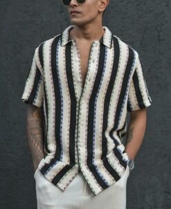 Multicolor Crochet Striped Half Sleeves Shirt