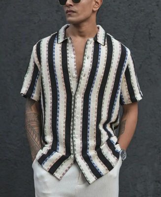 Multicolor Crochet Striped Half Sleeves Shirt