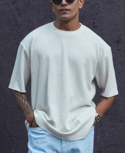 Cream Structured Regular Fit Half Sleeves T-Shirt