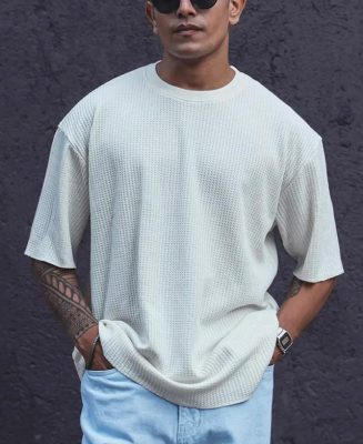 Cream Structured Regular Fit Half Sleeves T-Shirt