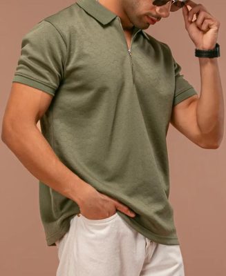 Olive Green Structured Half Sleeves Zipper T-Shirt