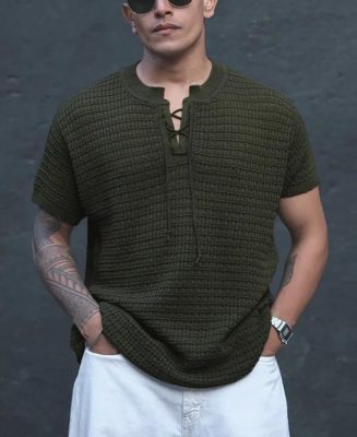 Olive Green Structured Knitted Half Sleeves T-Shirt
