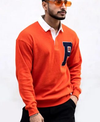 Orange Polo Collar Oversize Drop Shoulder Sweatshirt