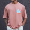 Peach Colourblock Printed Oversized Half Sleeves T-Shirt