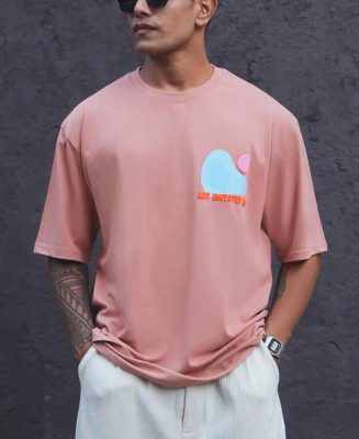 Peach Colourblock Printed Oversized Half Sleeves T-Shirt