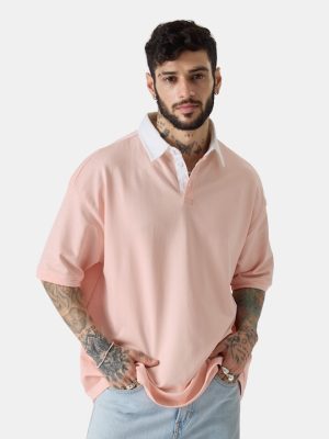 Pink Polo Collar Drop Shoulder Sleeves Oversized Pure Cotton T-Shirt
