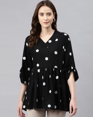 Black Polka Dot V-Neck Peplum Top