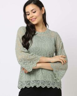 Light Green Relaxed Fit Round Neck Lace Top by FIG