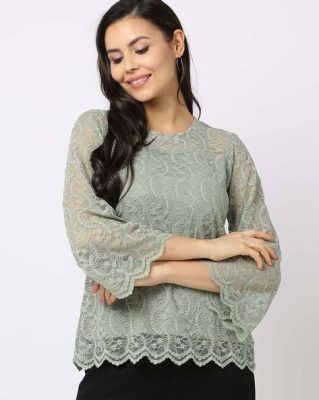 Light Green Relaxed Fit Round Neck Lace Top by FIG