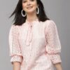 Self-Design Tie-Up Neck Puff Sleeve Cotton Top