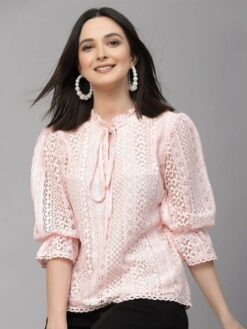 Self-Design Tie-Up Neck Puff Sleeve Cotton Top