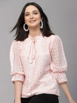 Self-Design Tie-Up Neck Puff Sleeve Cotton Top