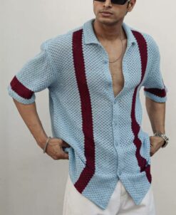 Sky Blue and Maroon Crochet Knit Striped Oversized Shirt