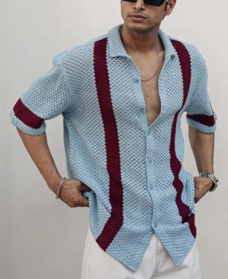 Sky Blue and Maroon Crochet Knit Striped Oversized Shirt
