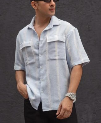 Sky Blue and White Structured Striped Oversized Shirt