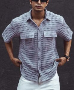 Sky Grey Structured Oversized Double Pocket Half Sleeves Shirt
