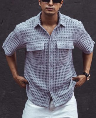 Sky Grey Structured Oversized Double Pocket Half Sleeves Shirt