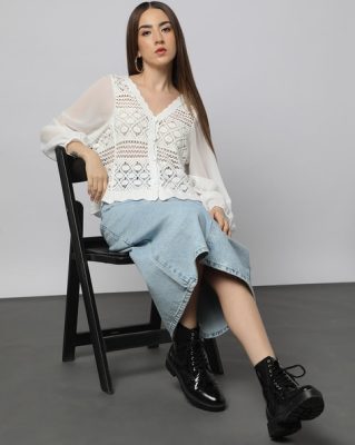 White V-Neck Voluminous Sleeves Crochet Top by Outryt