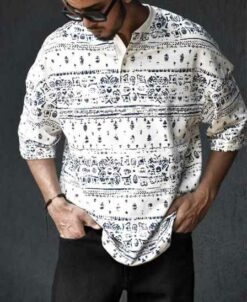 White Ancient Print Henley Oversize Drop Shoulder T-Shirt