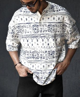 White Ancient Print Henley Oversize Drop Shoulder T-Shirt
