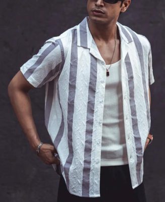 White and Grey Structured Striped Cuban Collar Shirt