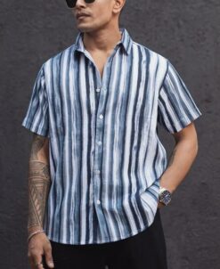 White and Navy Blue Structured Striped Regular Shirt