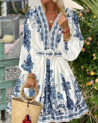 Women Floral Print A-Line Dress with Belt