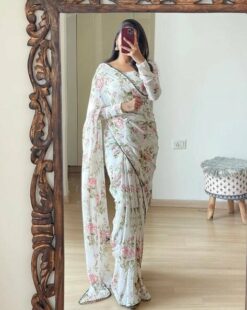 Women Floral Print Georgette Pre-Stitched Saree