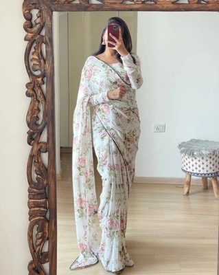 Women Floral Print Georgette Pre-Stitched Saree