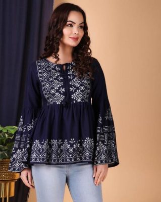 Blue Printed Regular Fit Top by Taranjal
