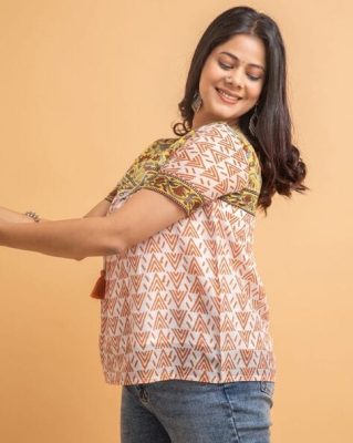Orange Printed Regular Fit Top by Suti