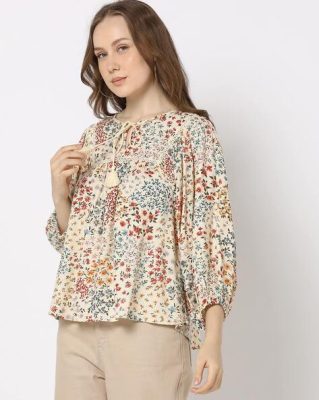 Cream Printed Relaxed Fit Top by DNMX